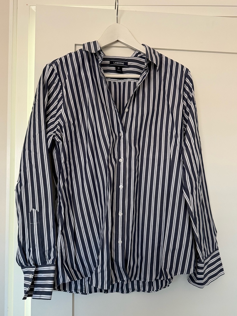 Lands' End Navy & White Vertical Stripe Button-Down Shirt Size 12 (Fits 10)
